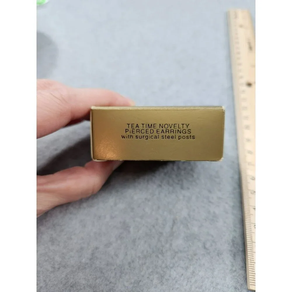 Tea Time Gold‎ & White Novelty Pierced Earrings By Avon  Surgical Steel Posts